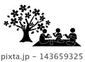 桜の木の下でお花見をする3人のシルエットピクトグラム 143659325