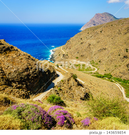 Coastal mountain road overlooking sea, eastern Crete, Greece Coastal mountain road overlooking sea, eastern Crete, Greece 143659854