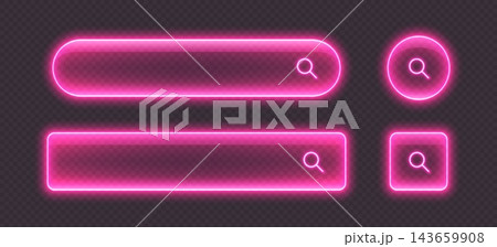 Pink neon search magnifying glass icons and banners with luminous outline Pink neon search magnifying glass icons and banners with luminous outline 143659908
