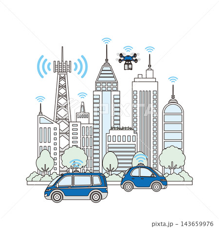 5G基地局と自動運転車、ドローン配送が揃う次世代通信都市の街並み背景イラスト 143659976