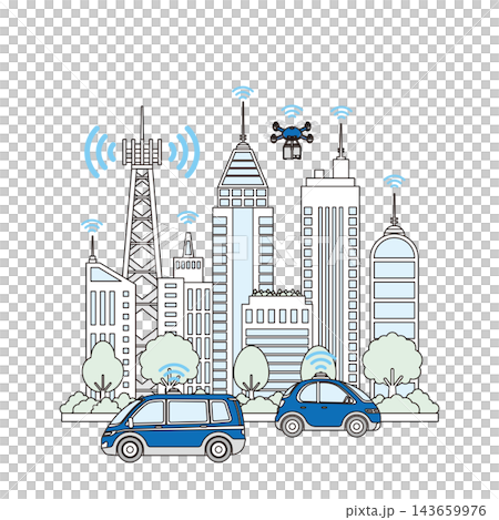 5G基地局と自動運転車、ドローン配送が揃う次世代通信都市の街並み背景イラスト 143659976