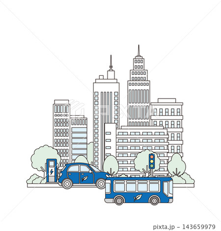 電気自動車（EV）とEVバス、充電スタンドが揃うスマート交通な街並み背景イラスト 143659979