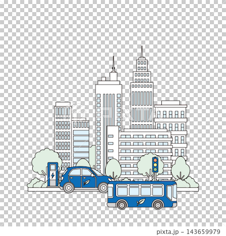 電気自動車（EV）とEVバス、充電スタンドが揃うスマート交通な街並み背景イラスト 143659979