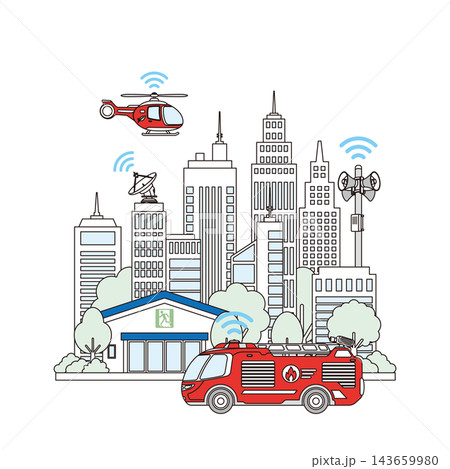 避難所や消防車、防災ヘリが配備されたスマート防災都市の街並み背景イラスト 避難所や消防車、防災ヘリが配備されたスマート防災都市の街並み背景イラスト 143659980