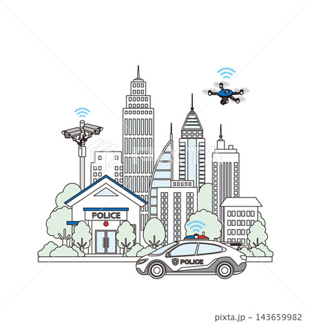 監視カメラや警察署、パトカーが巡回するスマートセキュリティ都市の街並み背景イラスト 監視カメラや警察署、パトカーが巡回するスマートセキュリティ都市の街並み背景イラスト 143659982