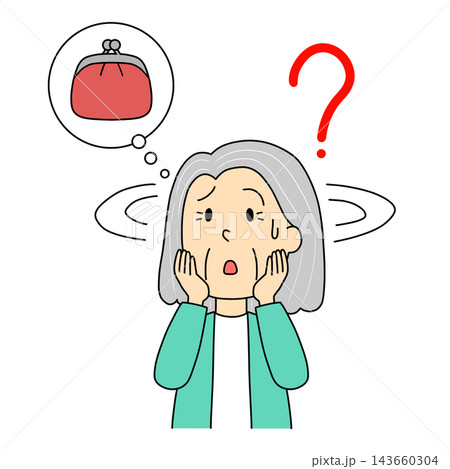 財布がどこにあるかわからない高齢女性のイラスト 財布がどこにあるかわからない高齢女性のイラスト 143660304