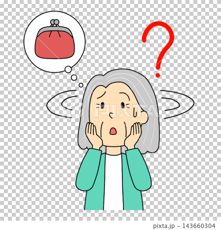 一幅插圖，描繪了一位找不到錢包的老婦人。 143660304