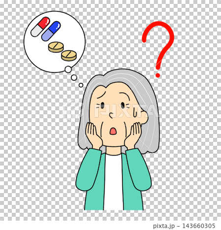 薬を飲んだか思い出せない高齢女性のイラスト 143660305
