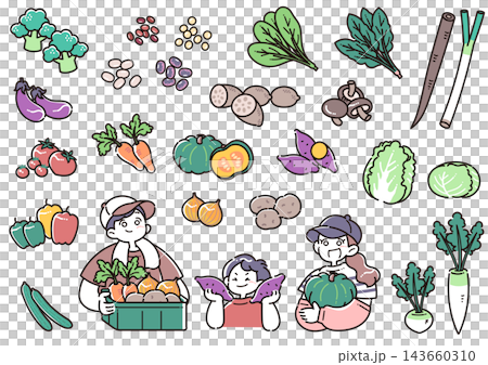 一組插圖,描繪了一位微笑的家長和孩子手捧收穫的秋季蔬菜,以及許多其他蔬菜。 一組插圖,描繪了一位微笑的家長和孩子手捧收穫的秋季蔬菜,以及許多其他蔬菜。 143660310