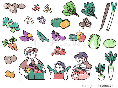収穫した夏野菜を持った笑顔の親子とたくさんの野菜のイラストセット 143660311
