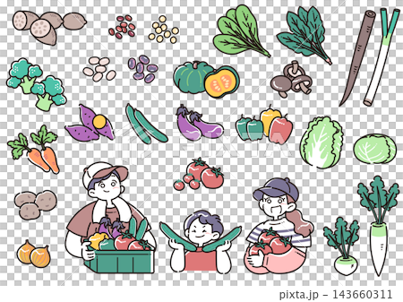 収穫した夏野菜を持った笑顔の親子とたくさんの野菜のイラストセット 143660311