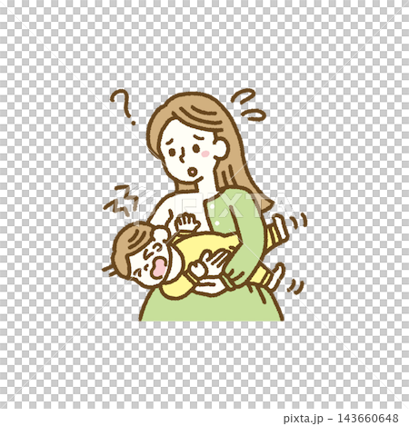 一幅描繪一位表情擔憂的母親和她不願吃母乳的嬰兒的插圖（手繪向量圖）。 143660648