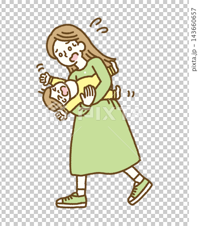 An illustration of a mother desperately holding a fussy, struggling baby. (Hand-drawn vector) An illustration of a mother desperately holding a fussy, struggling baby. (Hand-drawn vector) 143660657