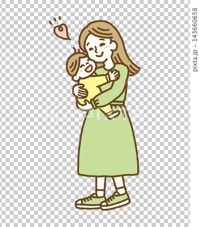A hand-drawn vector illustration of a baby and mother happily snuggling cheeks together. 143660658