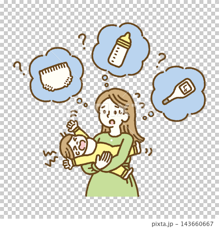 一幅插畫,描繪了一位母親困惑不解,不知道寶寶為何哭鬧。 (手繪向量圖) 一幅插畫,描繪了一位母親困惑不解,不知道寶寶為何哭鬧。 (手繪向量圖) 143660667