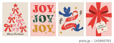 Hand drawn retro Christmas greeting card collection with festive bows, joy typography, flying birds, holly branches, stars and gift ribbon illustrations for holiday celebrations. Hand drawn retro Christmas greeting card collection with festive bows, joy typography, flying birds, holly branches, stars and gift ribbon illustrations for holiday celebrations. 143660765