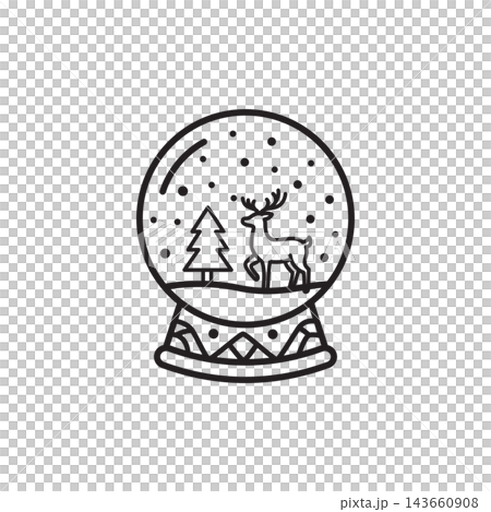 Black and white line icon of a decorative snow globe featuring a standing reindeer and pine tree. Black and white line icon of a decorative snow globe featuring a standing reindeer and pine tree. 143660908