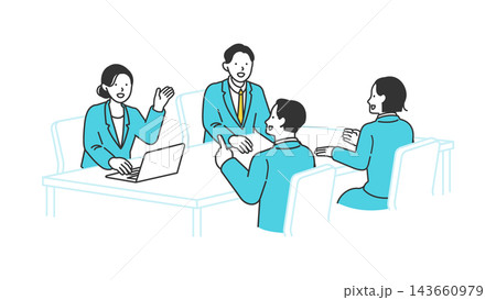 オフィスでテーブルを囲み和やかに意見を出し合うスーツの男女の会議シーン オフィスでテーブルを囲み和やかに意見を出し合うスーツの男女の会議シーン 143660979