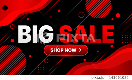 Big sale banner with red black graphics, bold typography, shop button, abstract waves, striped circles, dotted accents, and modern retail promotion for ecommerce advertising. Big sale banner with red black graphics, bold typography, shop button, abstract waves, striped circles, dotted accents, and modern retail promotion for ecommerce advertising. 143661022