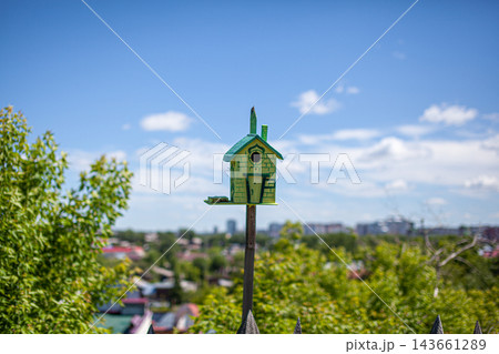 Colorful birdhouse mounted on a post amidst lush green trees, with a clear blue sky and distant buildings visible in the background 143661289