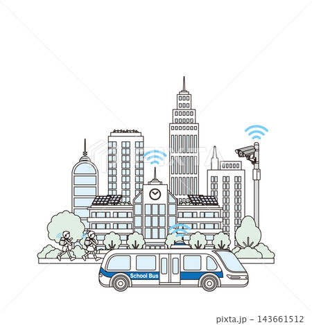 学校やスクールバス、見守りWi-Fi・監視カメラが揃うスマート教育都市の街並み背景イラスト  143661512