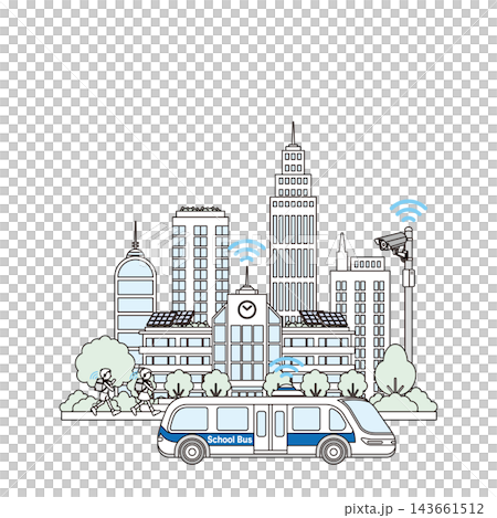 学校やスクールバス、見守りWi-Fi・監視カメラが揃うスマート教育都市の街並み背景イラスト  143661512