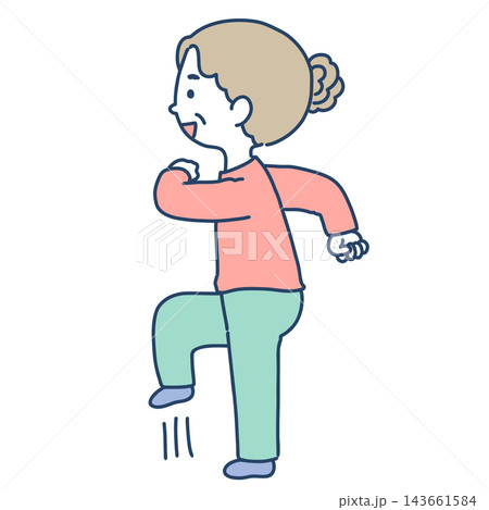 元気に足踏み運動や体操をするシニア女性のイラスト 143661584