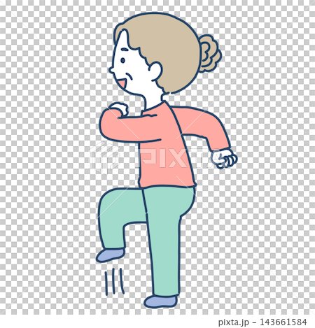 元気に足踏み運動や体操をするシニア女性のイラスト 143661584