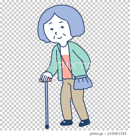 杖をついて穏やかに散歩・お出かけをするシニア女性のイラスト 143661585