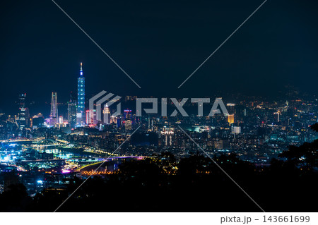 Taipei city skyline aerial view at night with Taipei 101 and illuminated skyscrapers in Taiwan 143661699