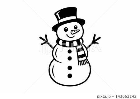 Happy Snowman Vector Illustration with Striped Scarf and Top Hat 143662142