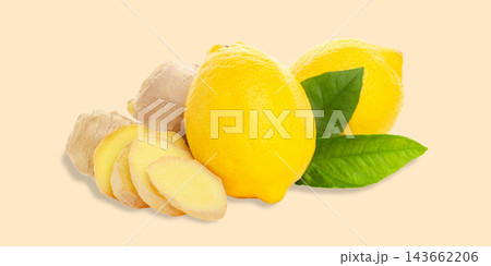 Fresh ginger root and juicy lemons placed together 143662206