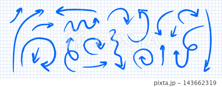 Blue pen hand drawn arrow elements collection. Crayon doodled pointer shapes set. Sketch brush stroke direction lines bundle. Curved and wavy scribble cursor pack for scrapbook, notebook. Vector  143662319