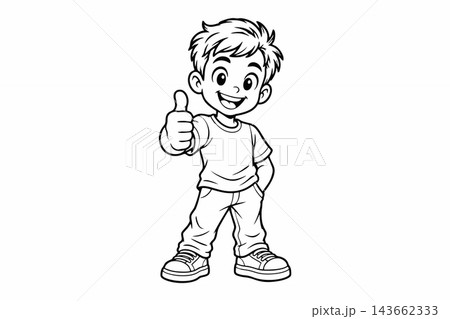 Cheerful Boy Giving Thumbs Up Vector Line Art Illustration 143662333