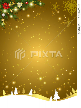 クリスマス背景イラスト、リアル飾り、キラキラ、金色、雪原、縦 143662503