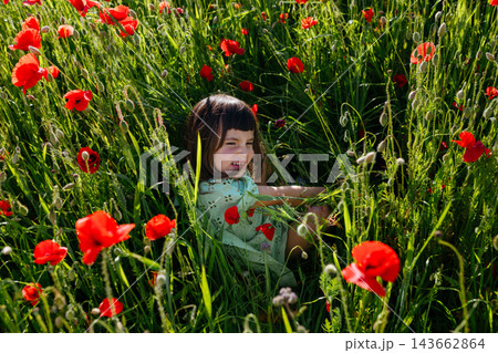 Happy Child Sitting and Playing in a Field of Red Poppies Happy Child Sitting and Playing in a Field of Red Poppies 143662864