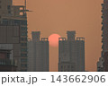 Hong Kong Oct 13 2026 Glowing Crimson Sun Setting Between High Rise Skyscrapers 143662906