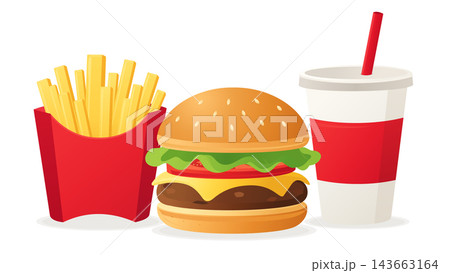 ハンバーガーとポテト、ドリンクのイラストセット ハンバーガーとポテト、ドリンクのイラストセット 143663164