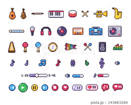 Pixel art music instruments and audio player icons set 143663260