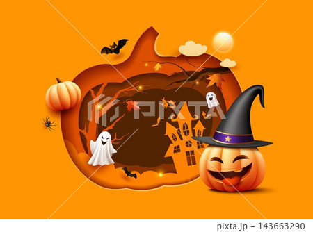 Happy Halloween, Paper cut out design elements, Greeting card poster yellow orange and brown background, Happy Halloween, Paper cut out design elements, Greeting card poster yellow orange and brown background, 143663290