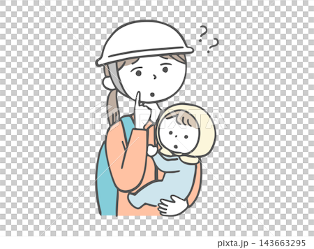 An illustration of a mother holding her baby and thinking about evacuation. An illustration of a mother holding her baby and thinking about evacuation. 143663295