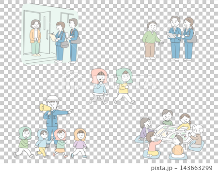A set of illustrations depicting local disaster prevention activities, disaster drills, and checking on the safety of the elderly. A set of illustrations depicting local disaster prevention activities, disaster drills, and checking on the safety of the elderly. 143663299