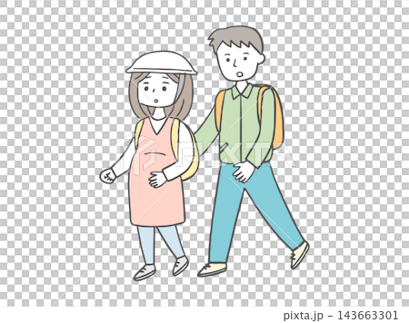 妊娠中の妻と夫が一緒に避難するイラスト 143663301