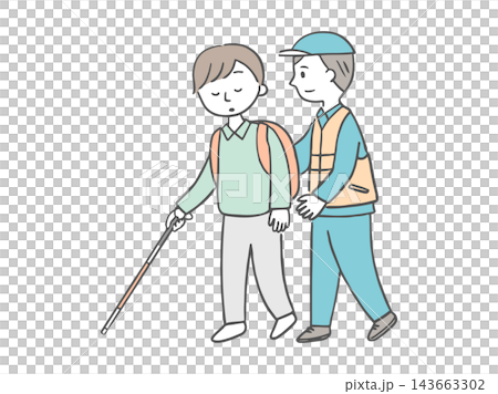 Illustration of support staff guiding visually impaired people to safety during an evacuation. Illustration of support staff guiding visually impaired people to safety during an evacuation. 143663302