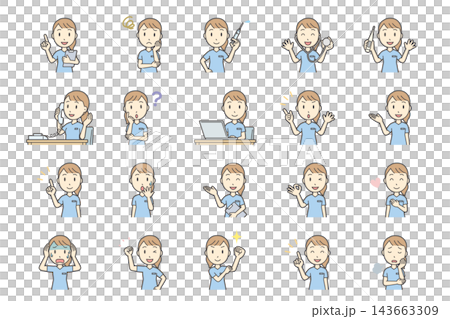 A set of 20 facial expressions of a female nurse in scrubs (upper body, suitable for icons). A set of 20 facial expressions of a female nurse in scrubs (upper body, suitable for icons). 143663309