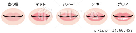 ＜ベクター素材＞ リップメイクの質感比較イラスト5種セット（日本語版・肌の塗りあり） 143663458