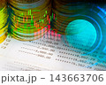 Business man on digital stock market financial indicator background. Digital business and stock market financial indicator on LED. Double exposure of business man and digital stock market financial. 143663706
