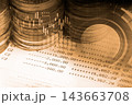 Business man on digital stock market financial indicator background. Digital business and stock market financial indicator on LED. Double exposure of business man and digital stock market financial. 143663708