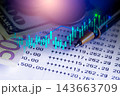 Business man on digital stock market financial indicator background. Digital business and stock market financial indicator on LED. Double exposure of business man and digital stock market financial. 143663709