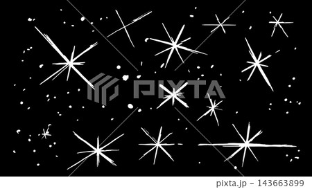 Hand drawn white starbursts and small sparkles scattered across a black background creating a simple celestial decorative pattern with varied shapes and sizes. 143663899